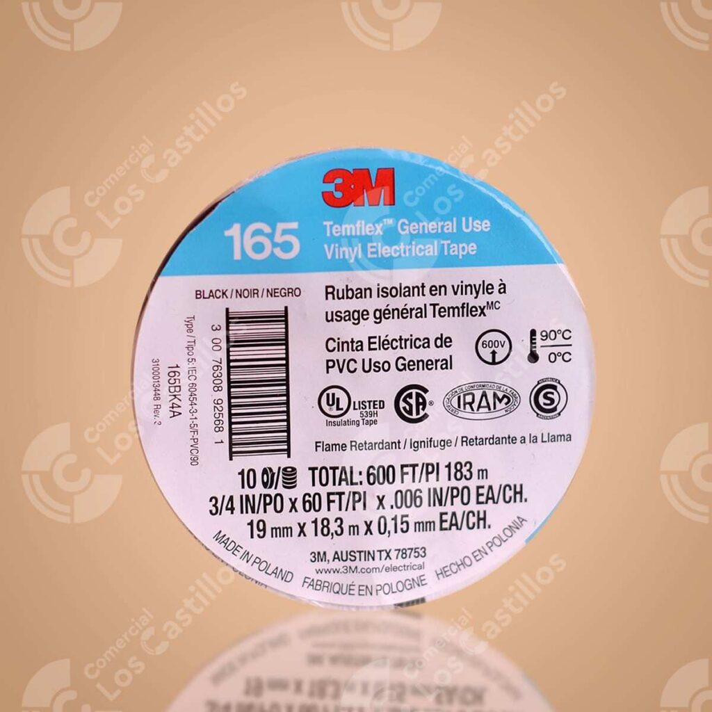 Tape 3M Grande Temflex 600Y.jpg 3M Temflex Cinta Eléctrica Negra 19Mm X 18.3M - Comercial Los Castillos